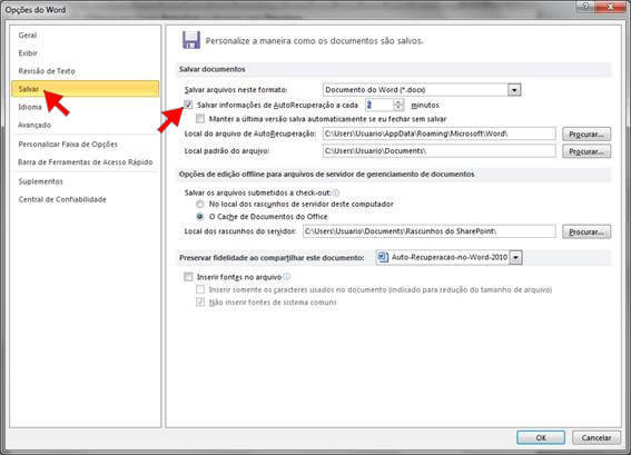Salvar Informações de Auto Recuperação Salvar Informações de Auto Recuperação