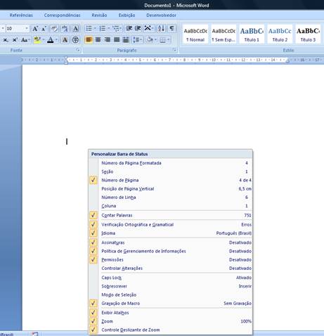 Barra de Status do Word Barra de Status do Word
