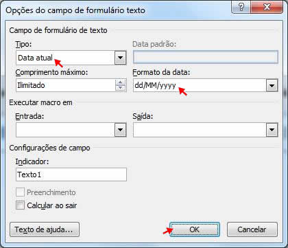 Opções do campo de formulário texto Opções do campo de formulário texto