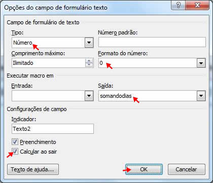 Opções do campo de formulário texto Opções do campo de formulário texto