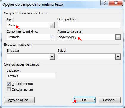 Opções do campo de formulário texto Opções do campo de formulário texto
