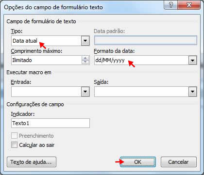 Opções do campo de formulário texto Opções do campo de formulário texto