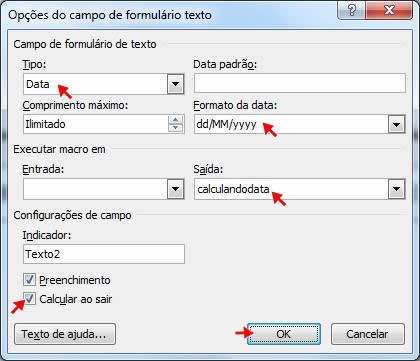 Opções do campo de formulário texto Opções do campo de formulário texto