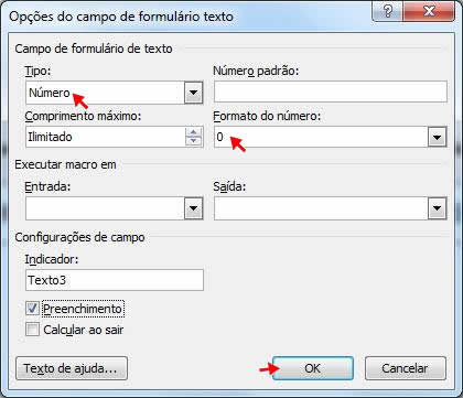 Opções do campo de formulário texto Opções do campo de formulário texto