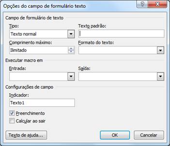 opções de campo de formulário texto Opções do campo de formulário texto