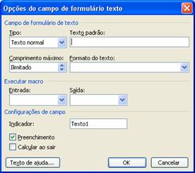 Opções do campo de formulário texto Opções do campo de formulário texto