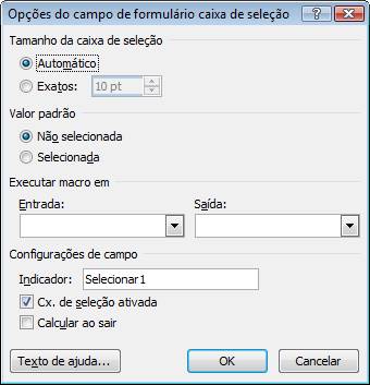 Opções do campo de formulário caixa de seleção Opções do campo de formulário caixa de seleção