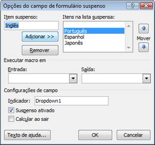 Opções do campo de formulário suspenso Opções do campo de formulário suspenso