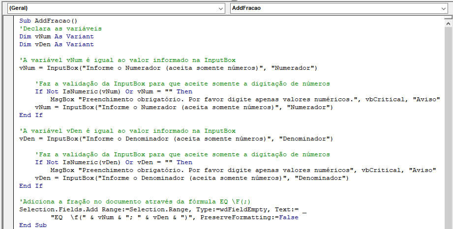 Código VBA para adicionar fração no Word