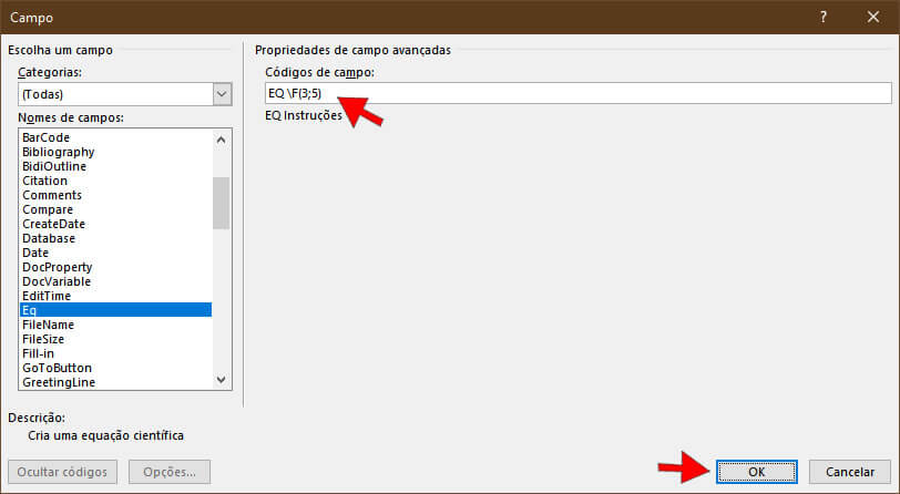 Colocar Fração no Word usando o Campo Eq