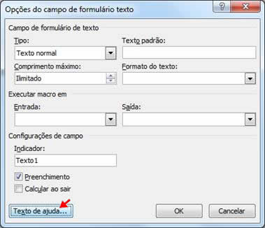 Opções do campo de formulário texto Opções do campo de formulário texto