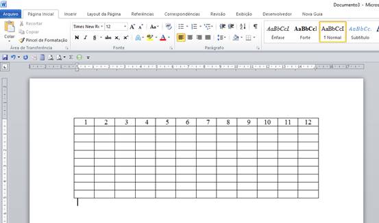 linha da tabela com numeração sequencial no Word 2010