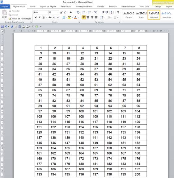 tabela com numeração sequencial