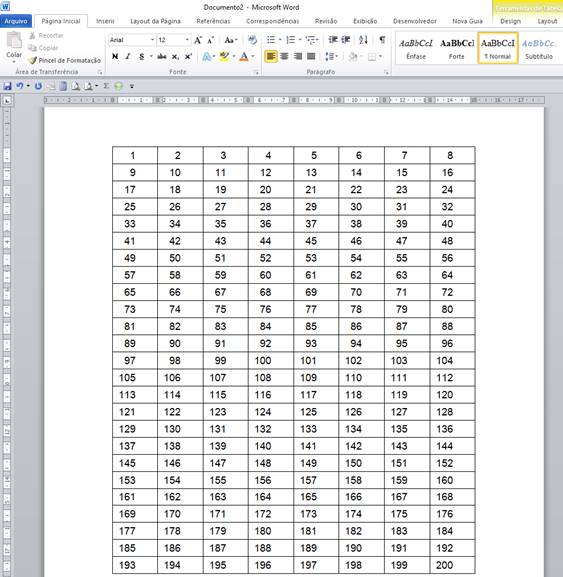 tabela com numeração sequencial tabela com numeração sequencial