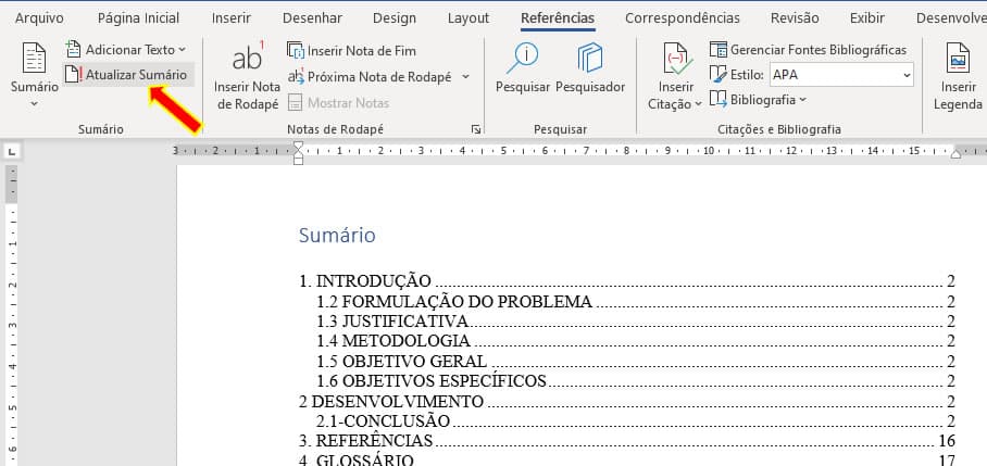 Atualizar sumário no Word