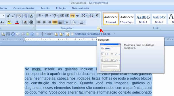 Mostrar a caixa de diálogo parágrafo