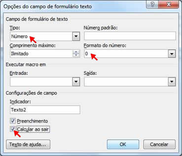 opções do campo de formulário texto Opções do campo de formulário texto