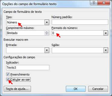 opções do campo de formulário texto Opções do campo de formulário texto