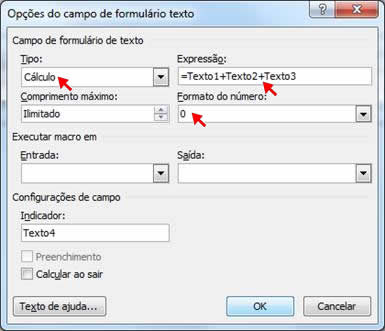 opções do campo de formulário texto Opções do campo de formulário texto