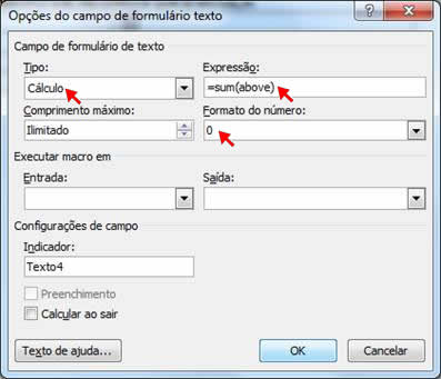 opções do campo de formulário texto Opções do campo de formulário texto