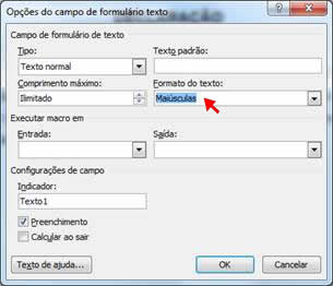 Opções do campo de formulário texto Opções do campo de formulário texto