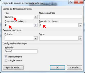 Opções do campo de formulário texto Opções do campo de formulário texto