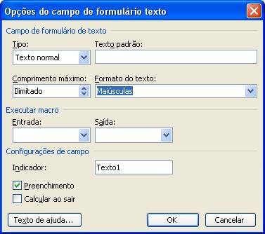 Opções do campo de formulário texto Opções do campo de formulário texto