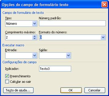 Opções do campo de formulário texto Opções do campo de formulário texto