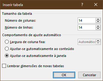 Caixa de diálogo Inserir Tabela Caixa de diálogo Inserir Tabela
