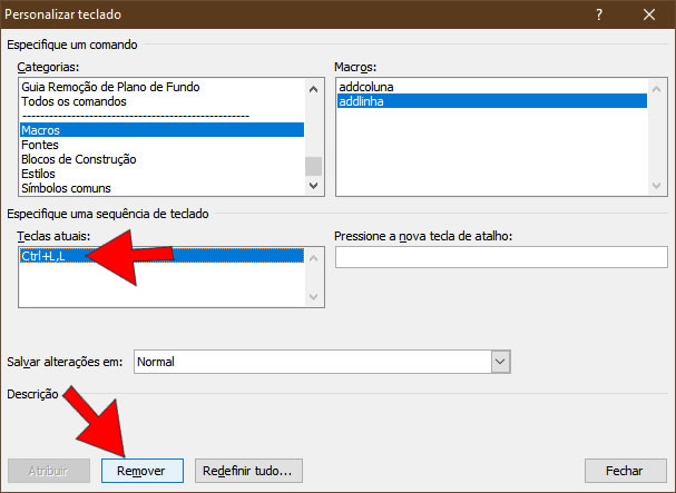 remover tecla de atalho