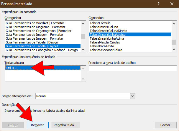 remover teclas de atalho