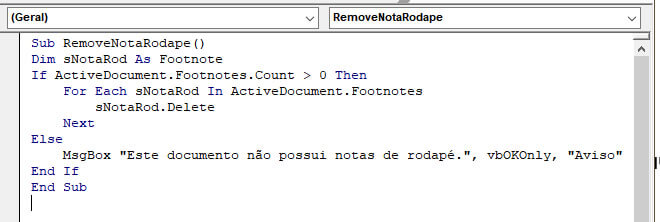 Código VBA para excluir Nota de Rodapé Código VBA para excluir Nota de Rodapé