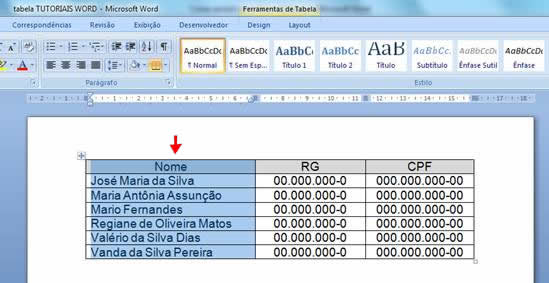 Tabela com Coluna Selecionada