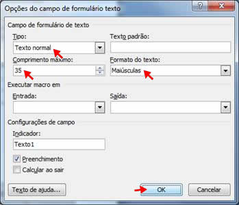 Opções do campo de formulário texto Opções do campo de formulário texto