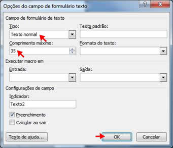 opções do campo de formulário texto opções do campo de formulário texto
