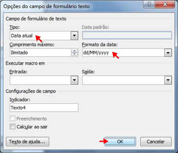Opções do campo de formulário texto Opções do campo de formulário texto