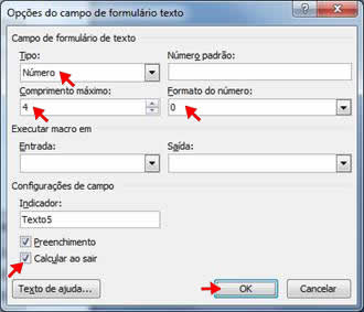 Opções do campo de formulário texto Opções do campo de formulário texto