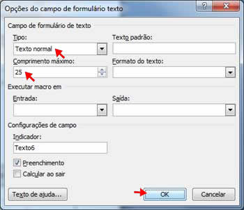 Opções do campo de formulário texto Opções do campo de formulário texto
