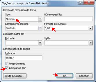 Opções do campo de formulário texto Opções do campo de formulário texto