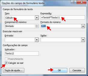 Opções do campo de formulário texto Opções do campo de formulário texto