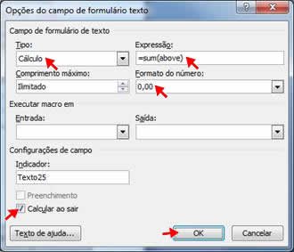 Opções do campo de formulário texto Opções do campo de formulário texto
