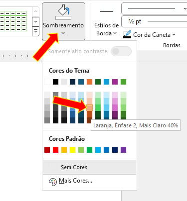 Sombreamento das células sombreamento das células