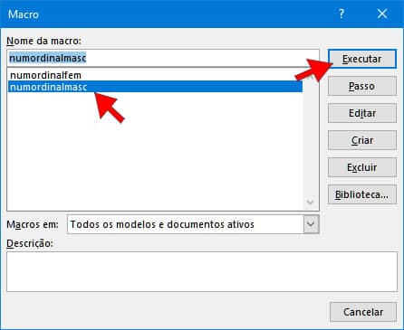 Executar macro que adiciona símbolo de número ordinal