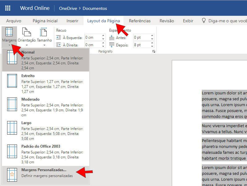 configurar margens no Word Online Configurar margens no Word Online