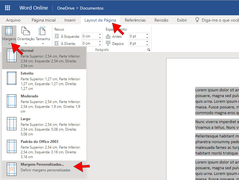 Configurar margens no Word Online