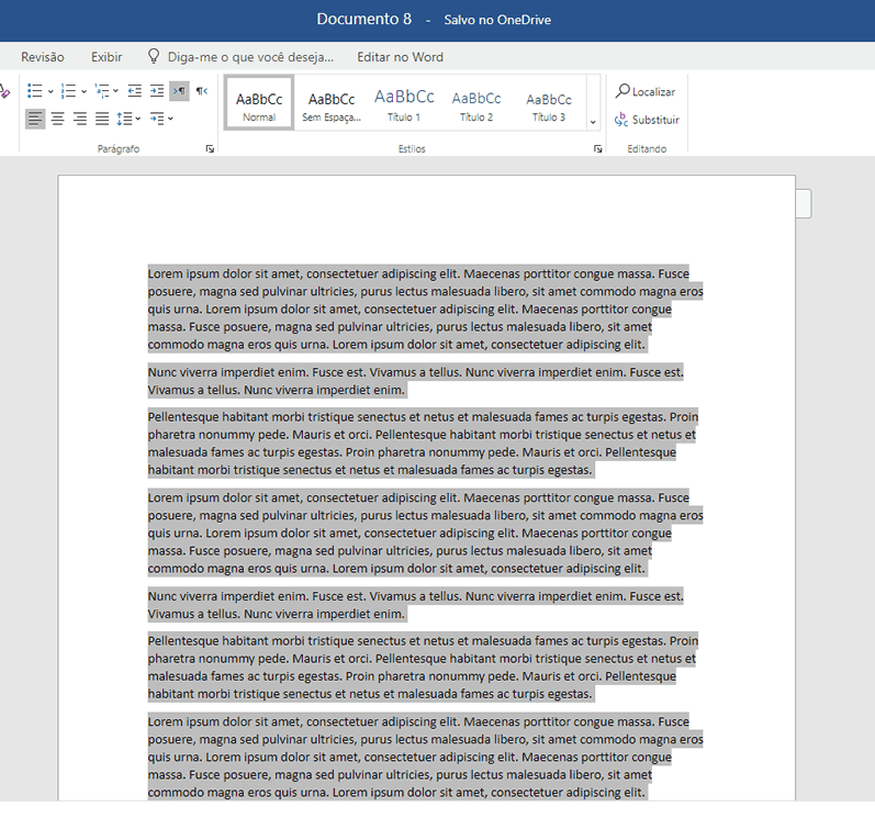 texto selecionado no Word Online