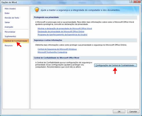 Configurações da Central de Confiabilidade