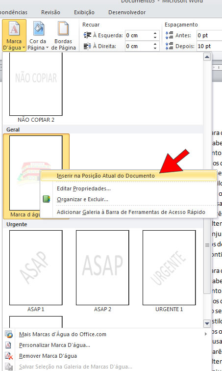 Inserir Marca D'água a partir da posição atual no documento
