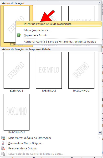 Inserir Marca D' água de Texto a partir da posição atual