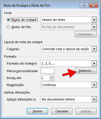 Símbolo em nota de rodapé Símbolo em nota de rodapé